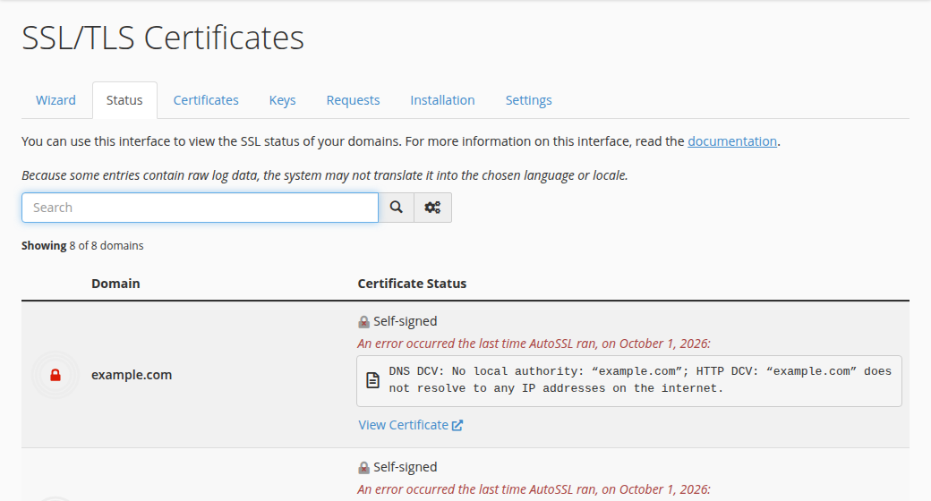cPanel SSL/TLS Certificates page on the Status tab, listing each domain with its certificate status; for example.com a red line reads An error occurred the last time AutoSSL ran, followed by the DNS DCV and HTTP DCV reason