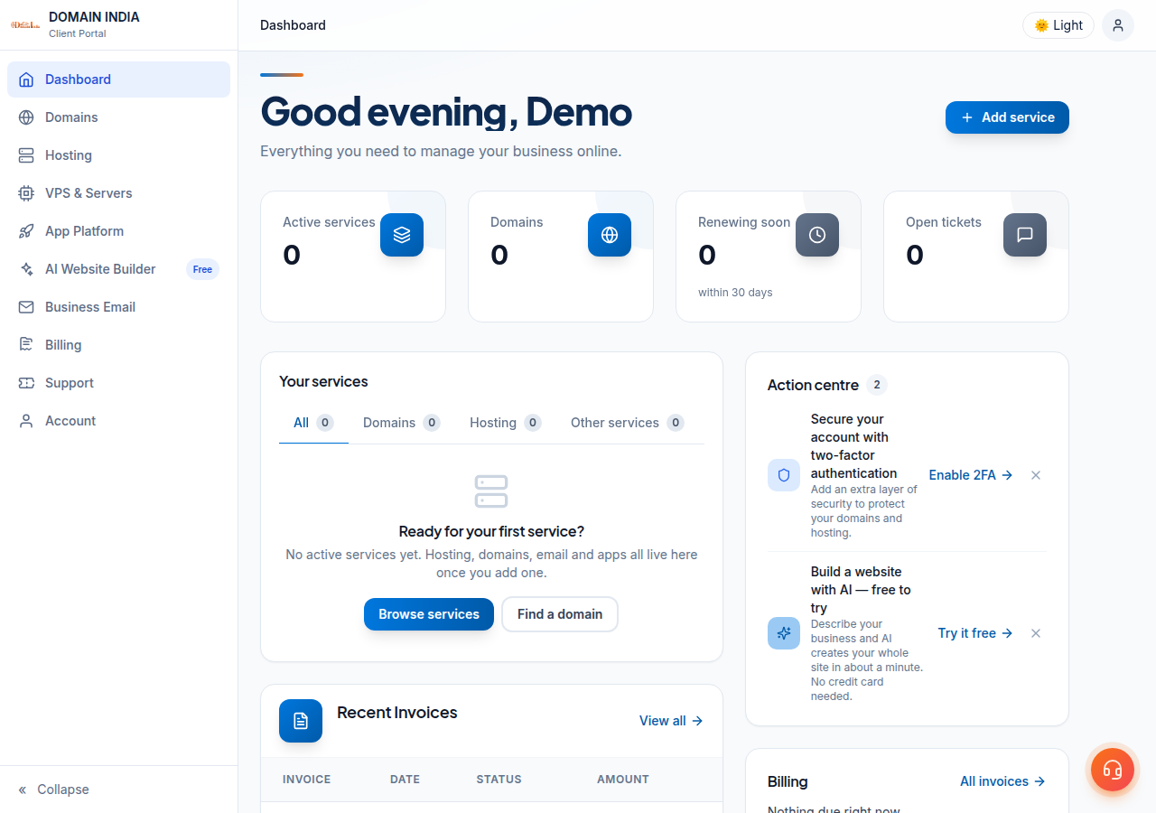 Dashboard of a new account: Active services, Domains, Renewing soon and Open tickets tiles, an empty Your services card, Action centre and left menu
