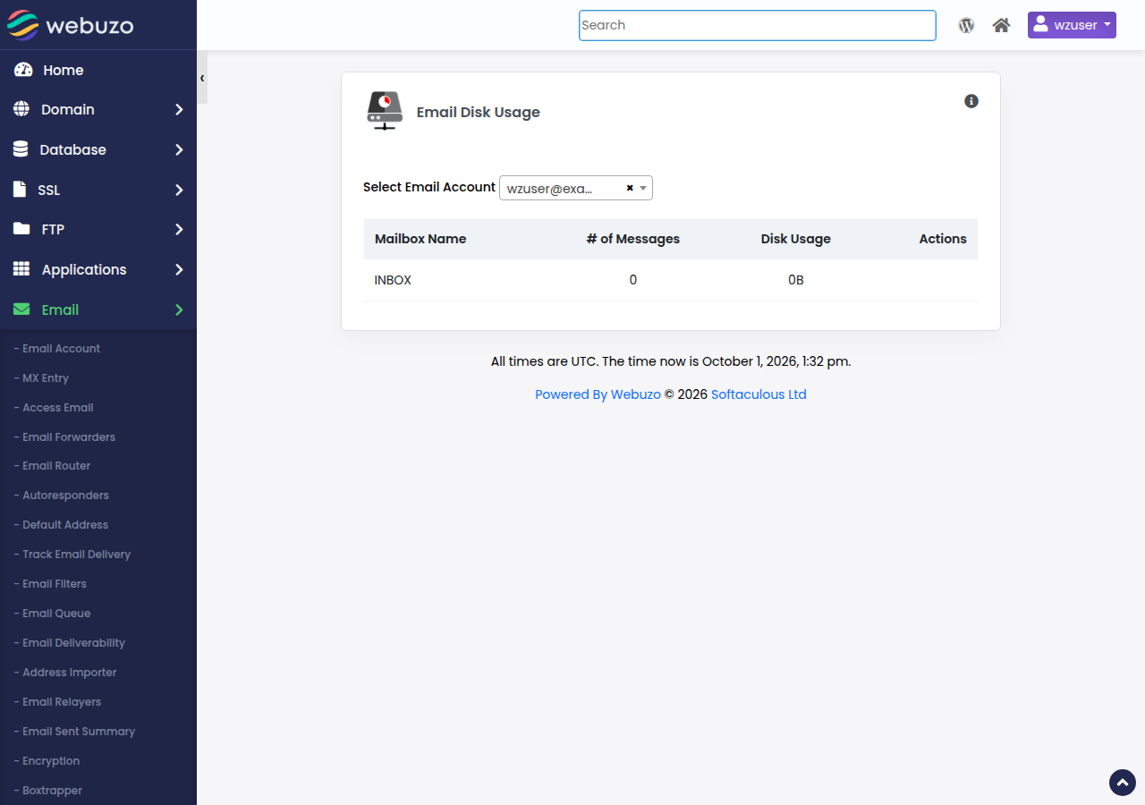 Webuzo Email Disk Usage page: a Select Email Account list and a table of the mailbox folders with number of messages and disk usage
