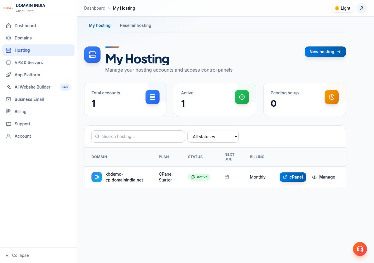 Hosting, My Hosting list with one active cPanel Starter account; its row has a blue cPanel button and a Manage link