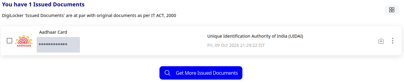 DigiLocker Issued Documents page showing You have 1 Issued Documents, with Aadhaar Card issued by Unique Identification Authority of India (UIDAI); the document number is hidden