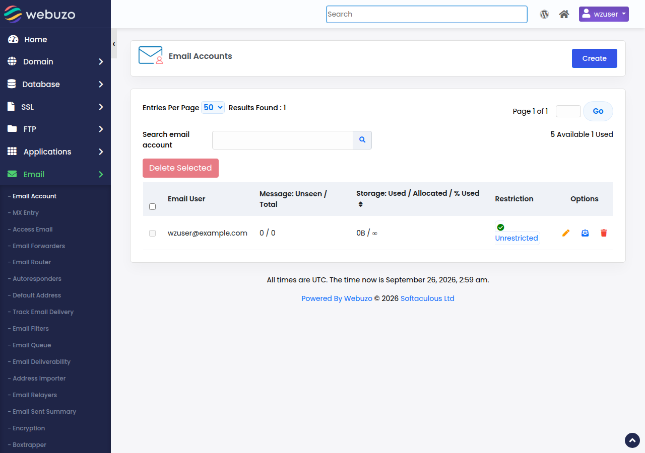 Webuzo Email Accounts page with the Create button and a list of mailboxes showing storage, restriction and edit options