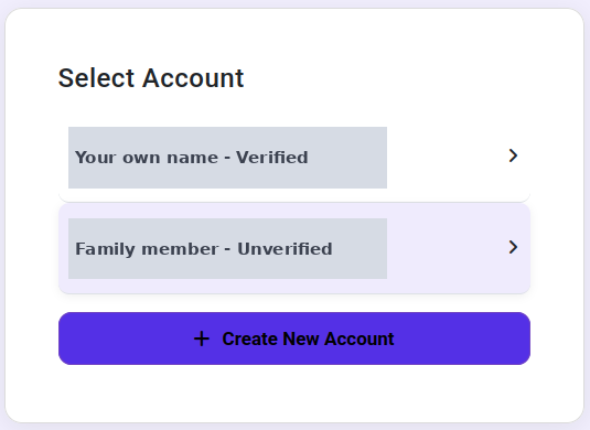DigiLocker Select Account screen listing two accounts on the same mobile number, one marked Verified and one marked Unverified, with a Create New Account button below; names are hidden