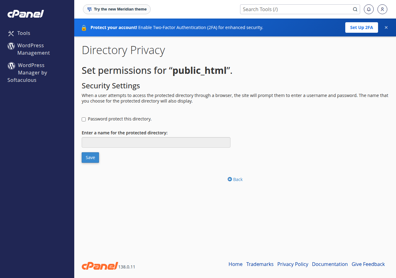 cPanel Directory Privacy settings for public_html: a Password protect this directory checkbox, a name field for the protected directory and a Save button