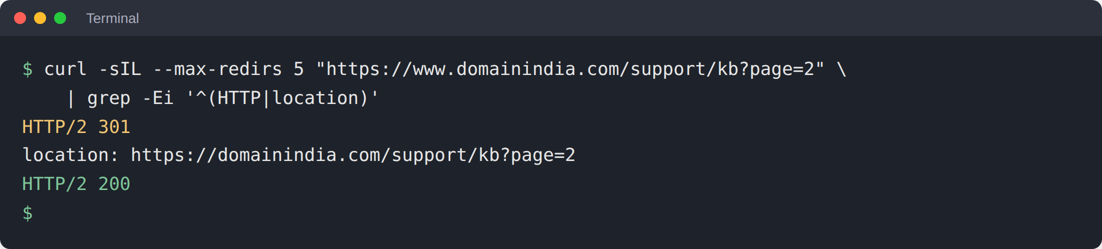 Terminal running curl -sIL on a www address: one HTTP 301 with a location header to the non-www URL, then HTTP 200