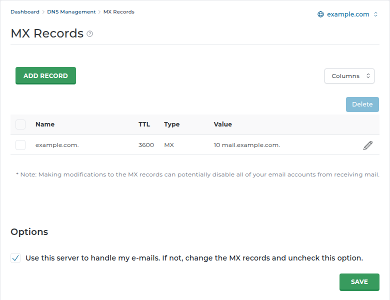 DirectAdmin MX Records page: Add Record button, an MX record 10 mail.example.com with TTL 3600, and under Options a ticked box Use this server to handle my e-mails with a Save button