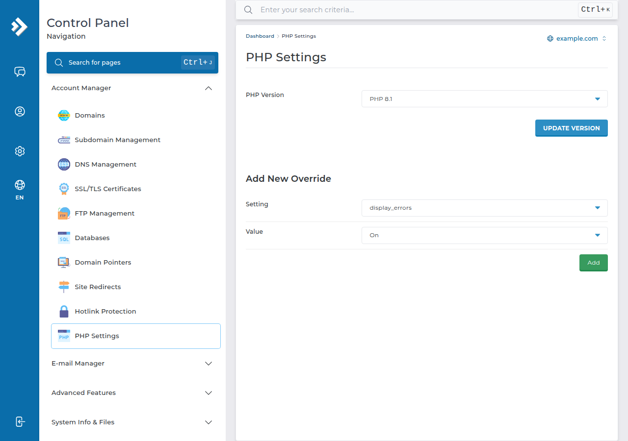 DirectAdmin PHP Settings page under Account Manager with a PHP Version dropdown set to PHP 8.1, an UPDATE VERSION button, and an Add New Override form for settings such as display_errors