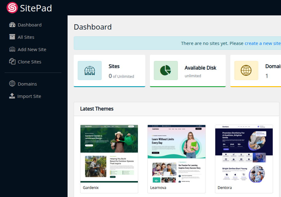 SitePad Website Builder dashboard: menu with All Sites, Add New Site, Clone Sites, Domains and Import Site, a note that there are no sites yet, and a Latest Themes gallery