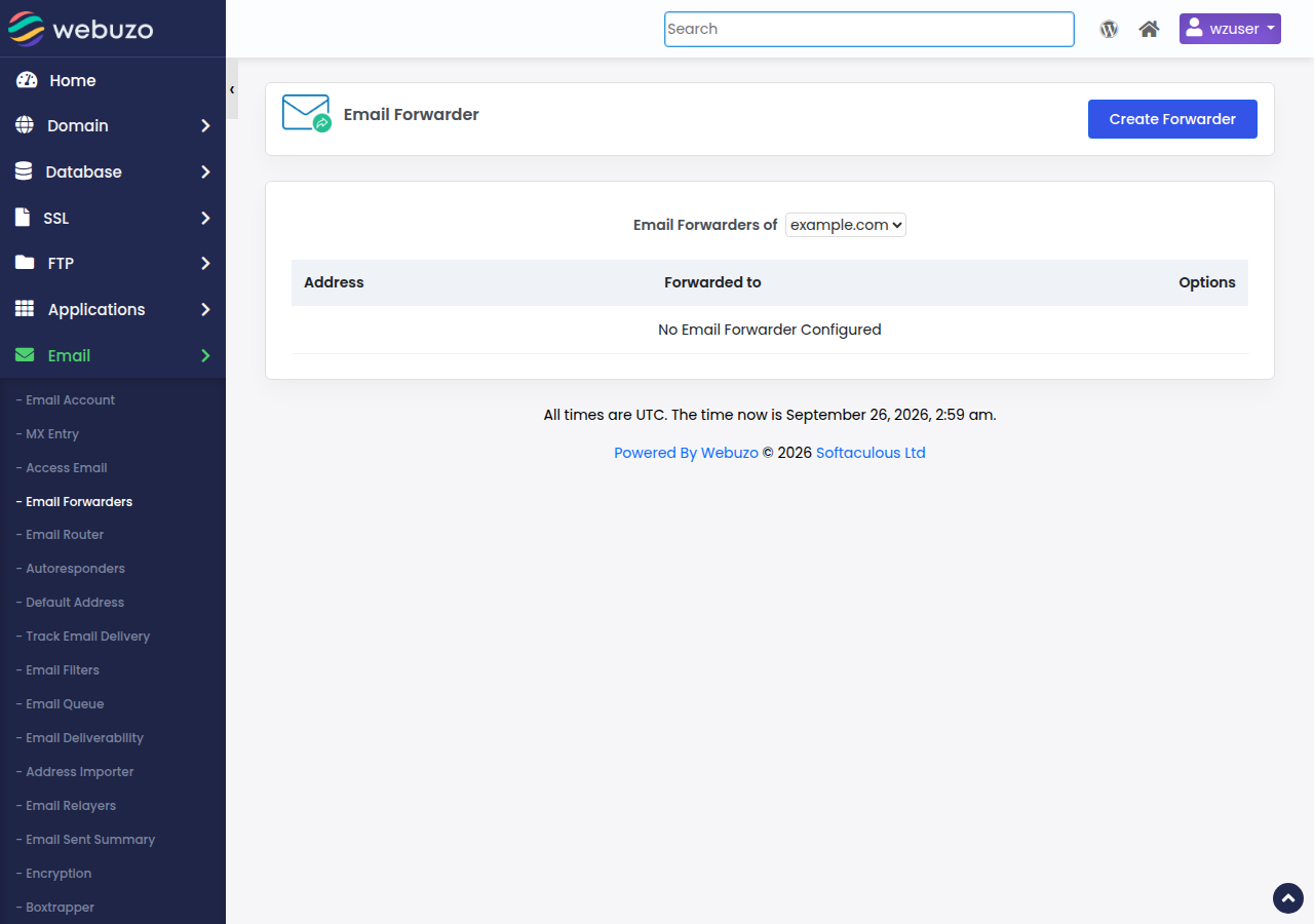 Webuzo Email Forwarder page with the Create Forwarder button and the forwarder list for example.com