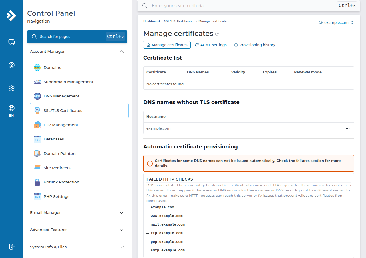 DirectAdmin Manage certificates page: an empty certificate list, a DNS names without TLS certificate list, and an Automatic certificate provisioning box listing failed HTTP checks for names that do not reach the server