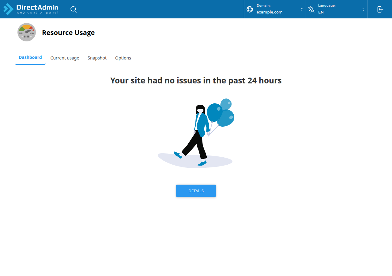 DirectAdmin Resource Usage page with Dashboard, Current usage, Snapshot and Options tabs, showing Your site had no issues in the past 24 hours and a Details button