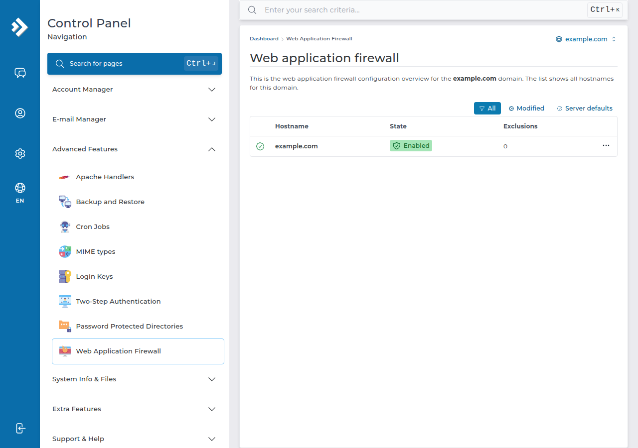 DirectAdmin Web application firewall page listing example.com with the state Enabled