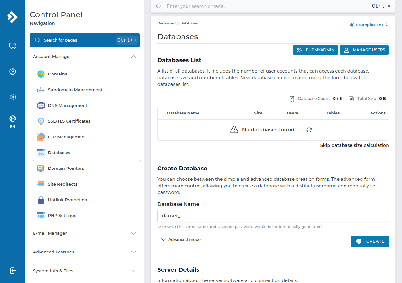 DirectAdmin Databases page with phpMyAdmin and Manage Users buttons, an empty databases list and a Create Database form with the dauser_ prefix