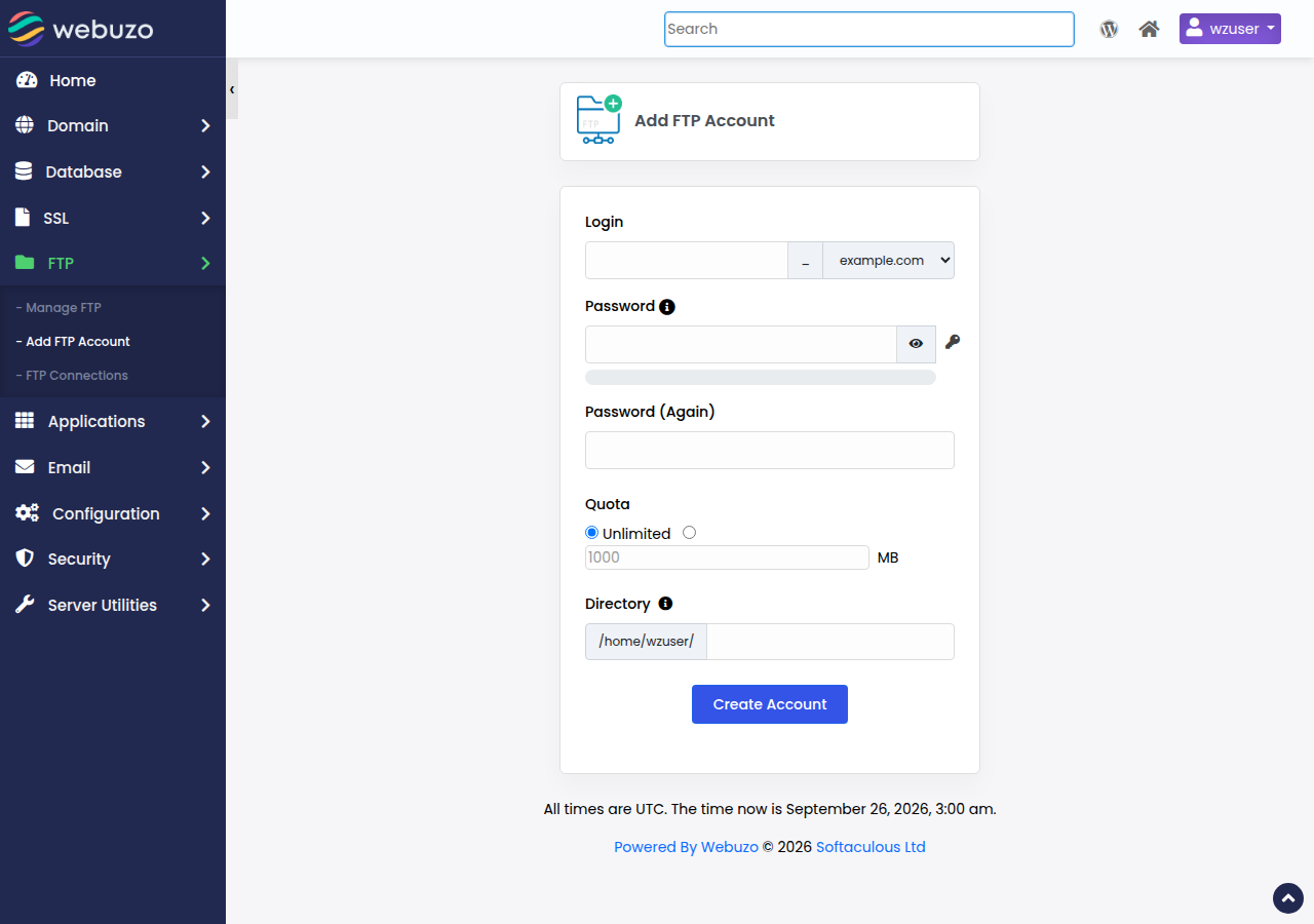 Webuzo Add FTP Account form with Login, Password, Quota and Directory fields and a Create Account button
