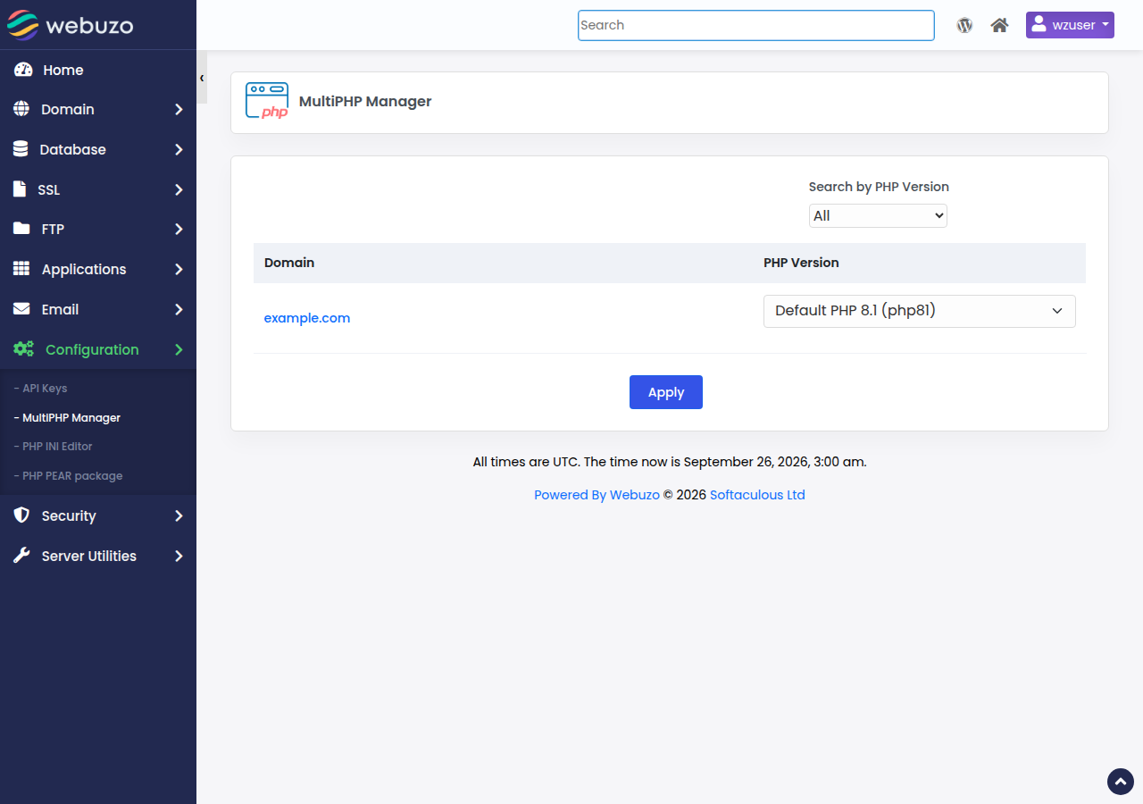 Webuzo MultiPHP Manager listing example.com with its PHP Version dropdown and an Apply button