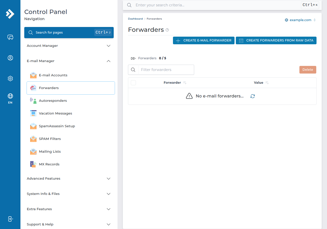 DirectAdmin Forwarders page for example.com with Create E-mail Forwarder and Create Forwarders From Raw Data buttons and no forwarders yet