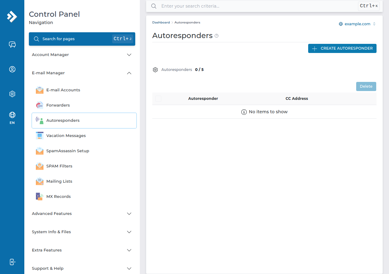 DirectAdmin Autoresponders page for example.com with the Create Autoresponder button and an empty autoresponder list