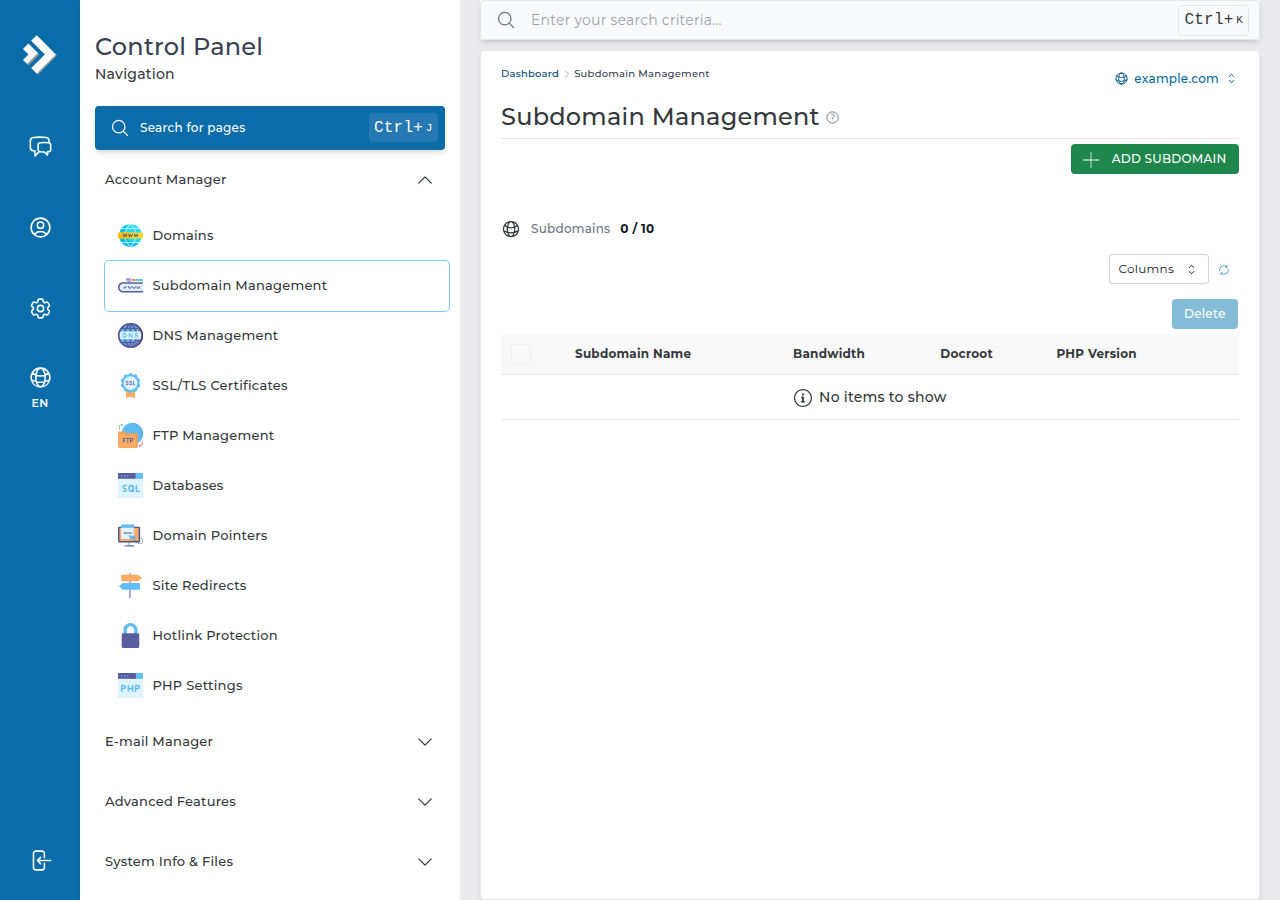 DirectAdmin Subdomain Management page for example.com with the Add Subdomain button and no subdomains yet
