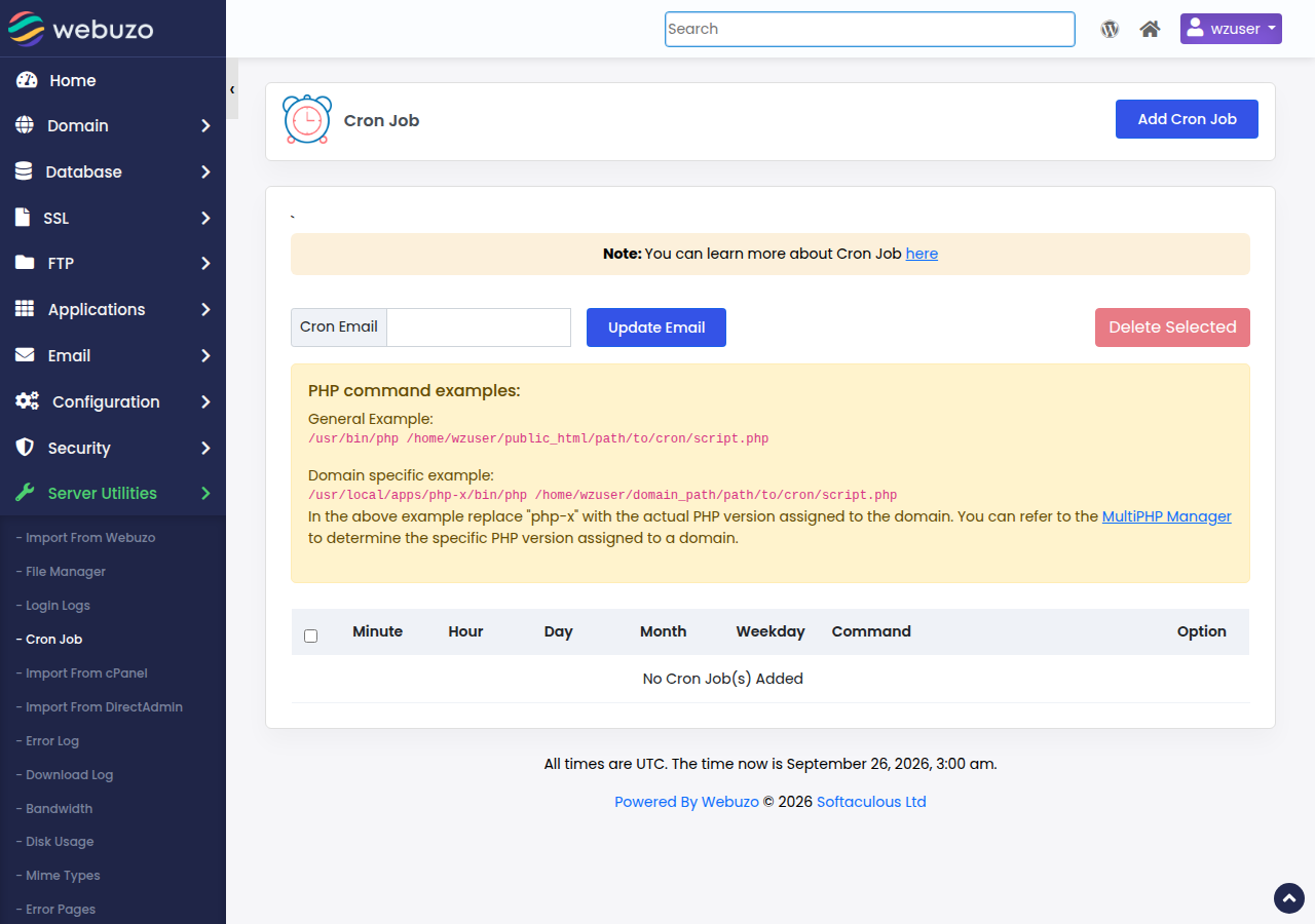 Webuzo Cron Job page with the Add Cron Job button, a Cron Email field and PHP command examples