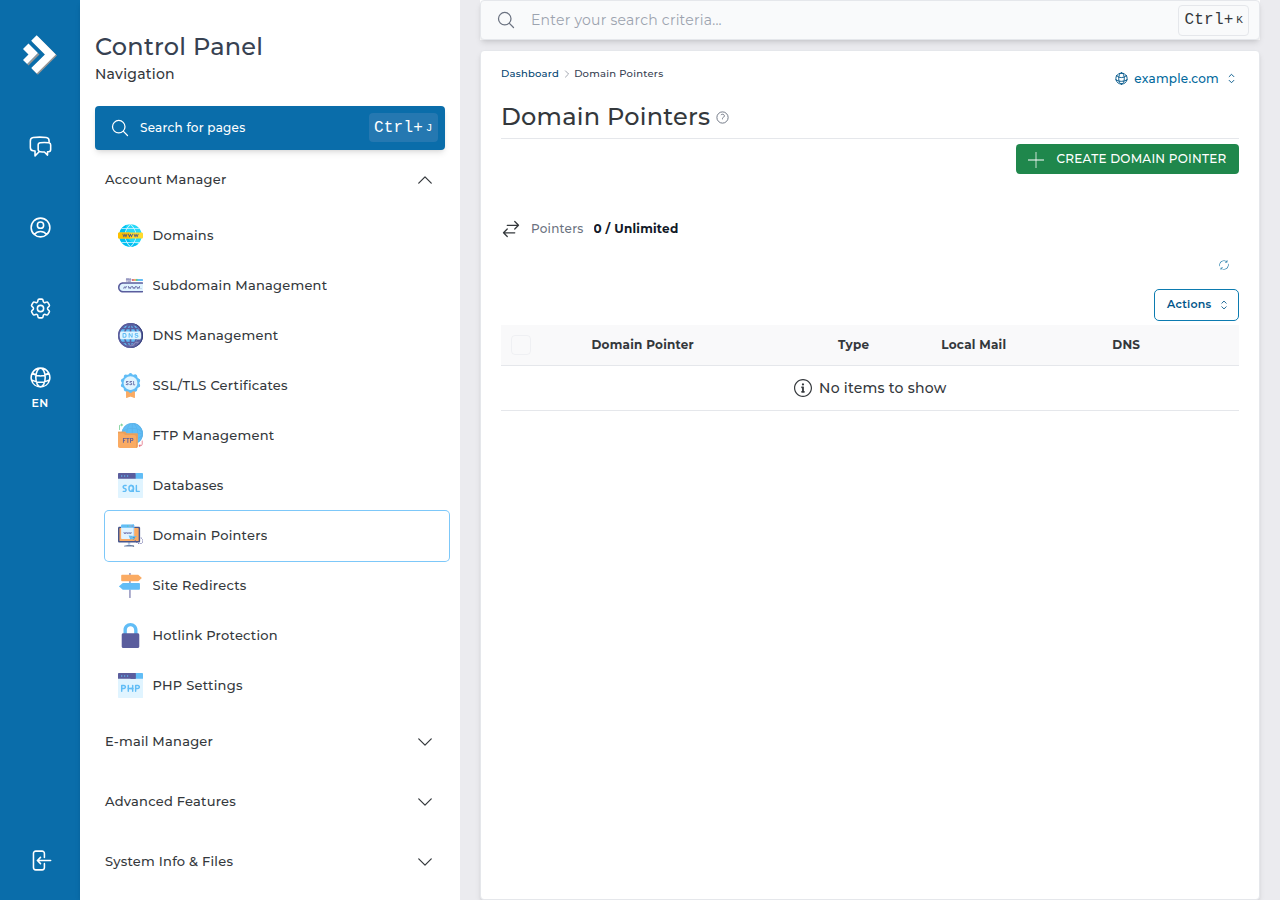 DirectAdmin Domain Pointers page for example.com with the Create Domain Pointer button and no pointers yet