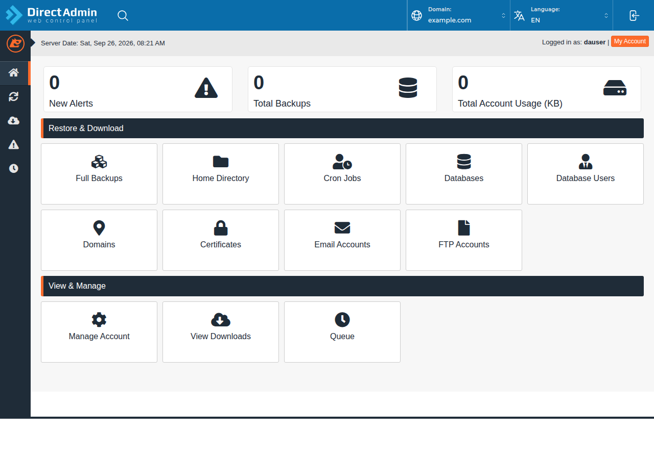 JetBackup 5 in DirectAdmin with Restore and Download tiles for Full Backups, Home Directory, Databases, Email Accounts, FTP Accounts and more