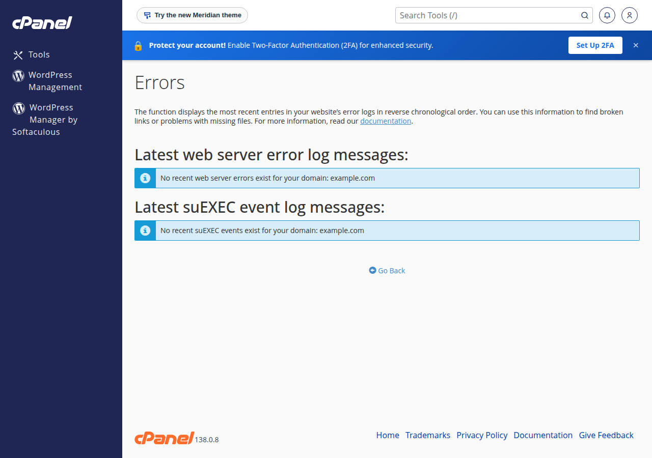 cPanel Metrics Errors page showing no recent web server errors or suEXEC events for example.com