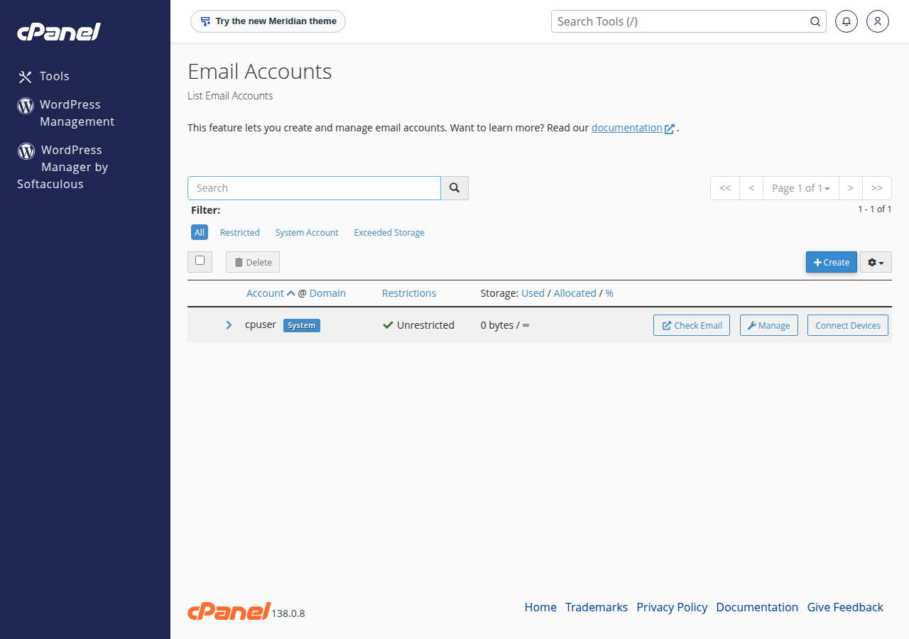 cPanel Email Accounts list with the Create button, storage column, and Check Email, Manage and Connect Devices buttons on a mailbox row