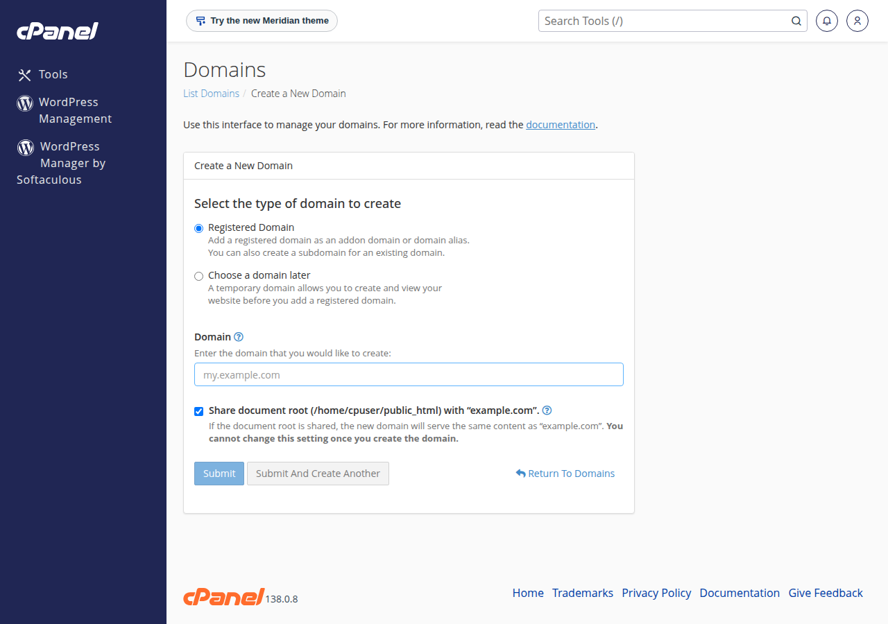 cPanel Create a New Domain form: Registered Domain or Choose a domain later, a Domain field, and Share document root ticked by default