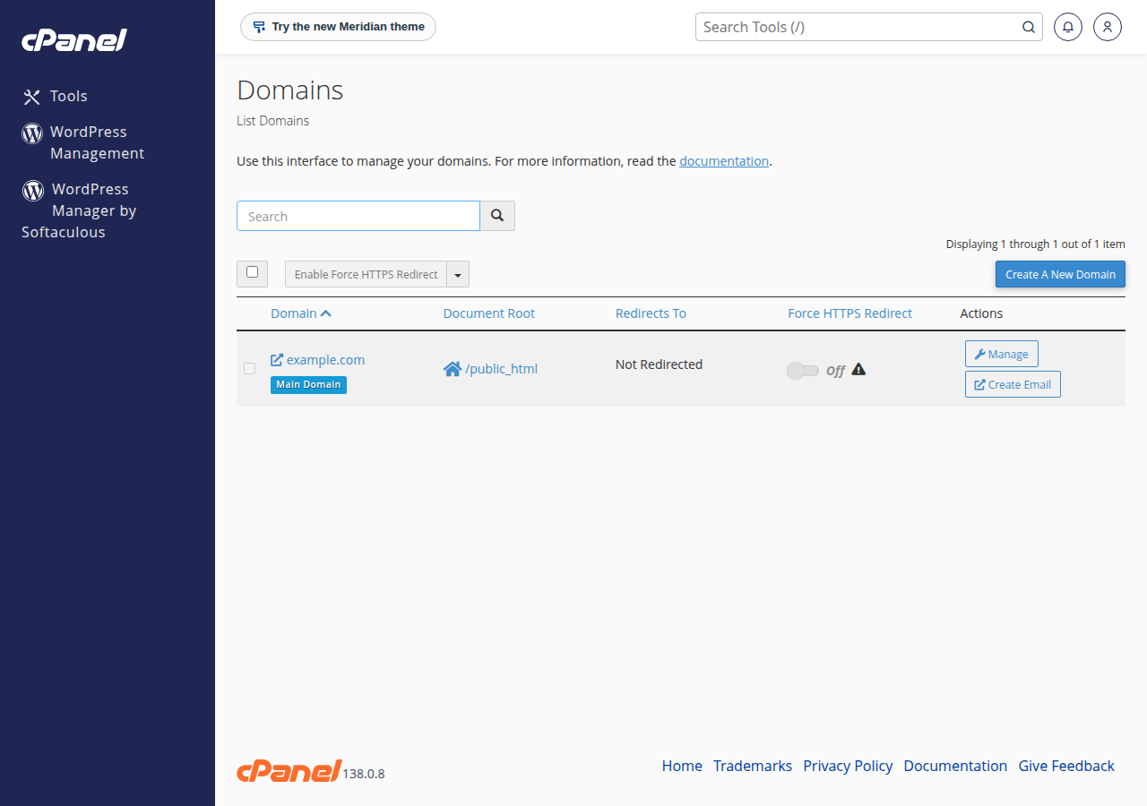 cPanel Domains page listing the main domain with its document root /public_html, the Force HTTPS Redirect switch, Manage and Create A New Domain buttons