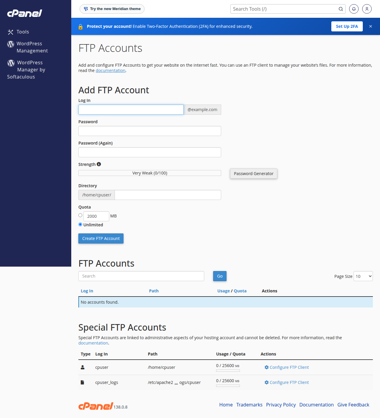 cPanel FTP Accounts page with the Add FTP Account form: Log In, Password, Directory, Quota and Create FTP Account button