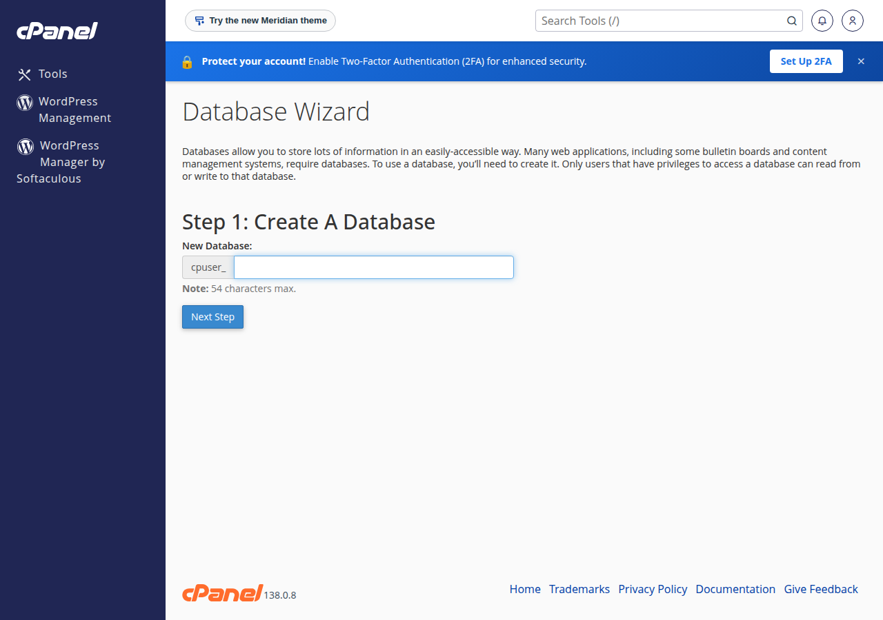 cPanel Database Wizard Step 1: Create A Database, with a New Database field prefixed cpuser_ and a Next Step button