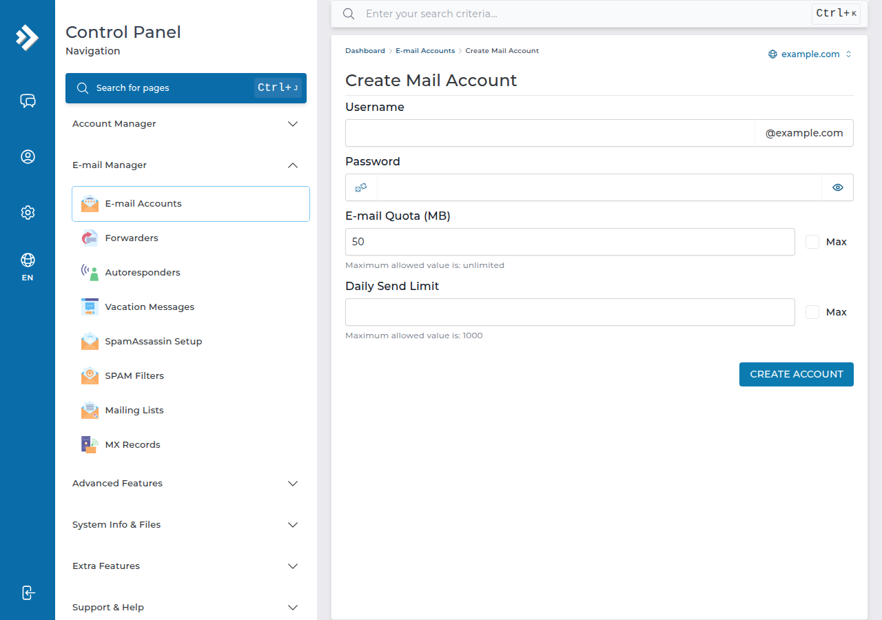 DirectAdmin Create Mail Account form with Username at example.com, Password, E-mail Quota in MB, Daily Send Limit and a Create Account button