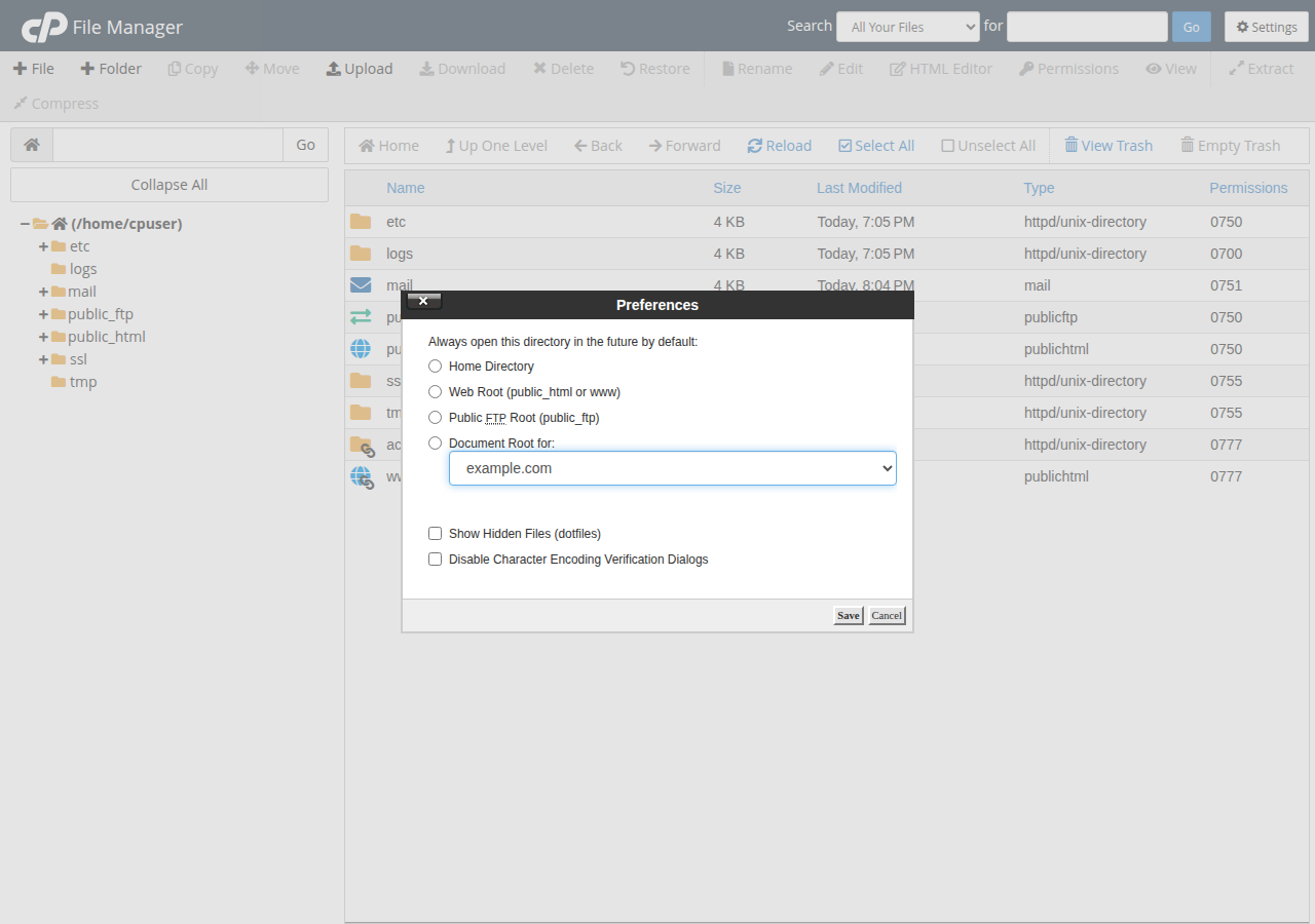 cPanel File Manager Preferences dialog from Settings, with default directory choices and the Show Hidden Files (dotfiles) checkbox