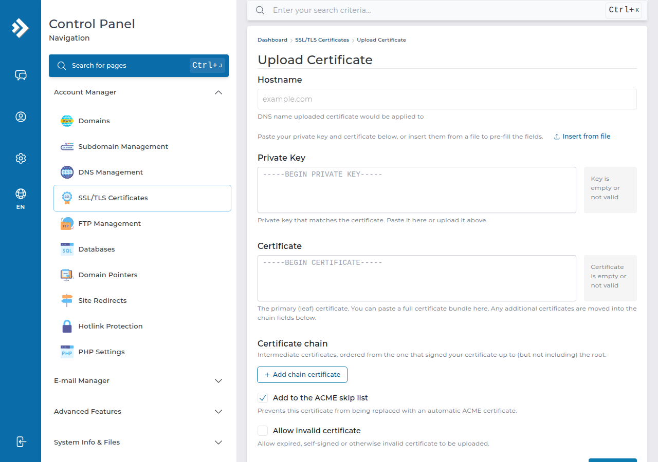 DirectAdmin Upload Certificate page with Hostname, Private Key and Certificate boxes, an Add chain certificate button and the Add to the ACME skip list checkbox