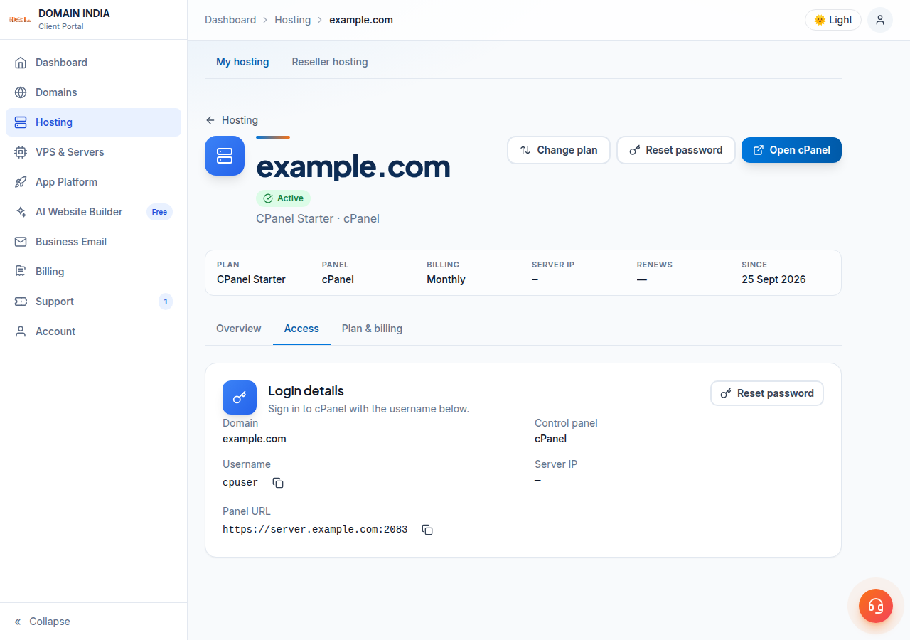 Hosting service page, Access tab: Login details with the domain, the username cpuser, the panel URL and a Reset password button