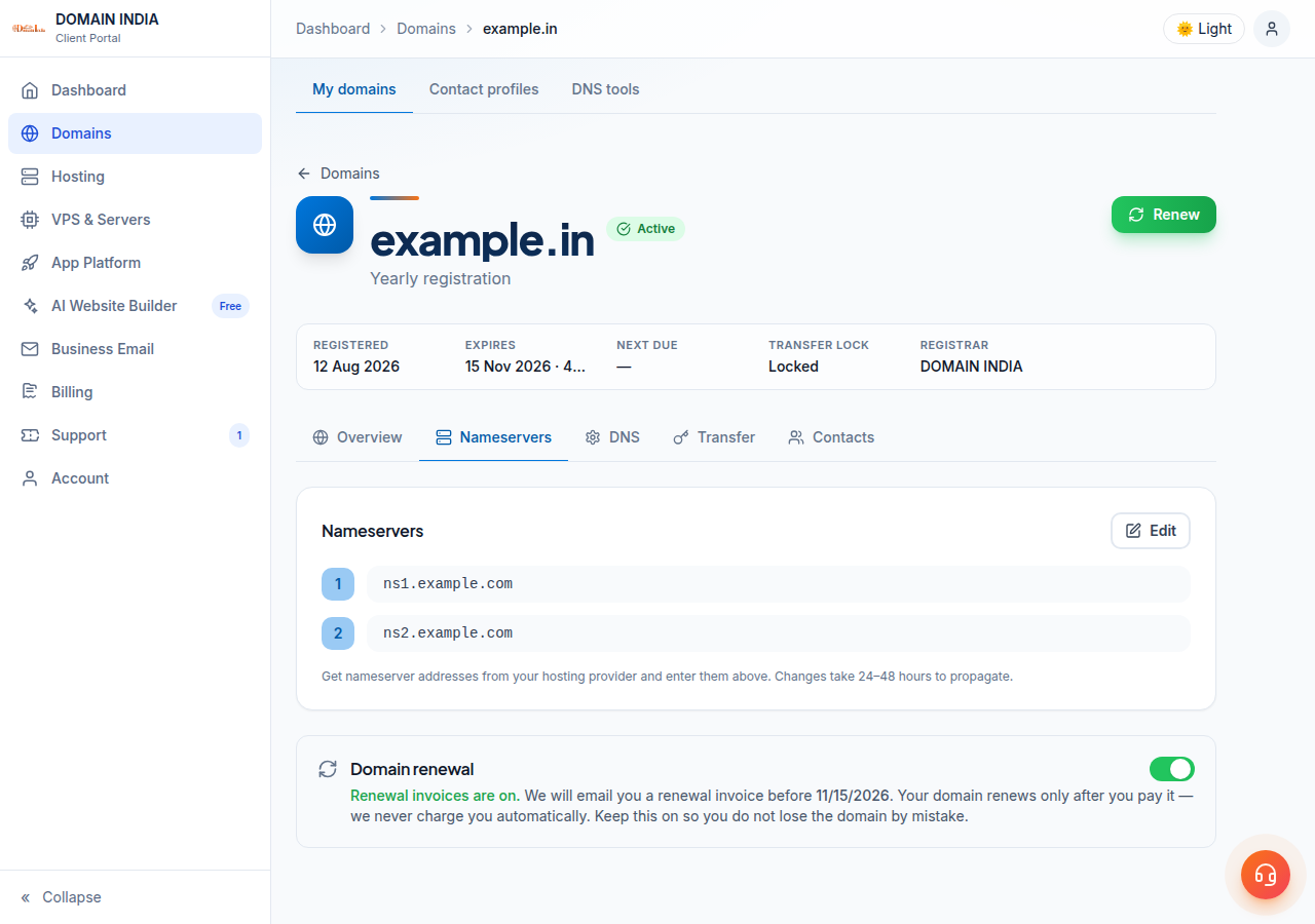 Domain page for example.in with the Renew button at the top, the Nameservers tab, and a Domain renewal switch reading Renewal invoices are on