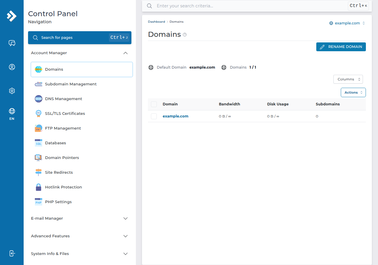 DirectAdmin Domains page showing example.com as the default domain with its bandwidth and disk usage and a Rename Domain button