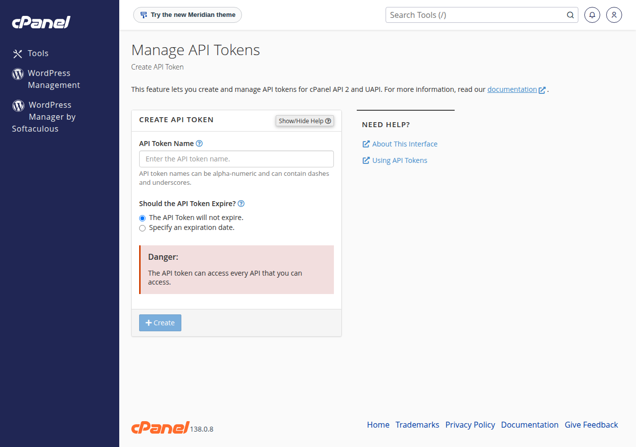 cPanel Manage API Tokens page with the Create API Token form: token name, expiry choice, a danger warning and the Create button