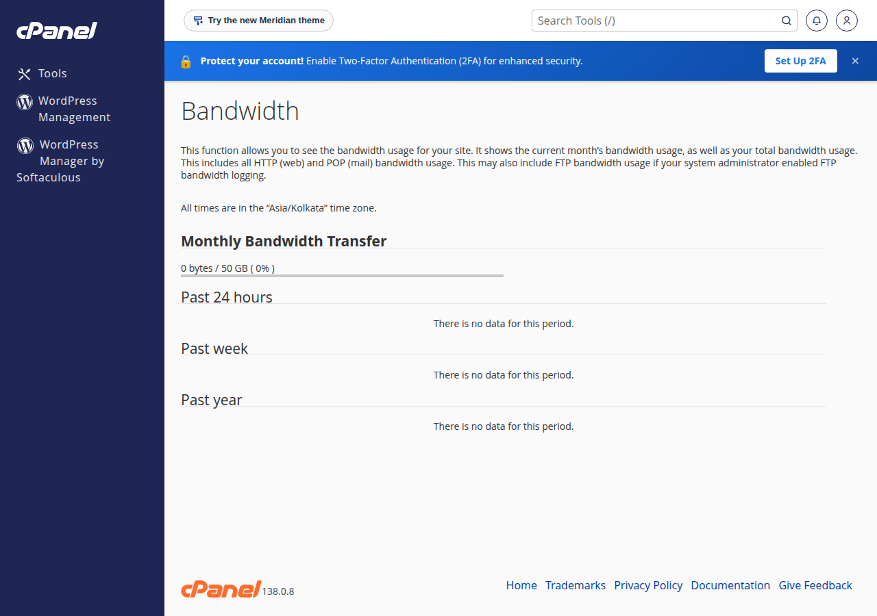cPanel Metrics Bandwidth page with the Monthly Bandwidth Transfer bar and past 24 hours, week and year sections, no data yet