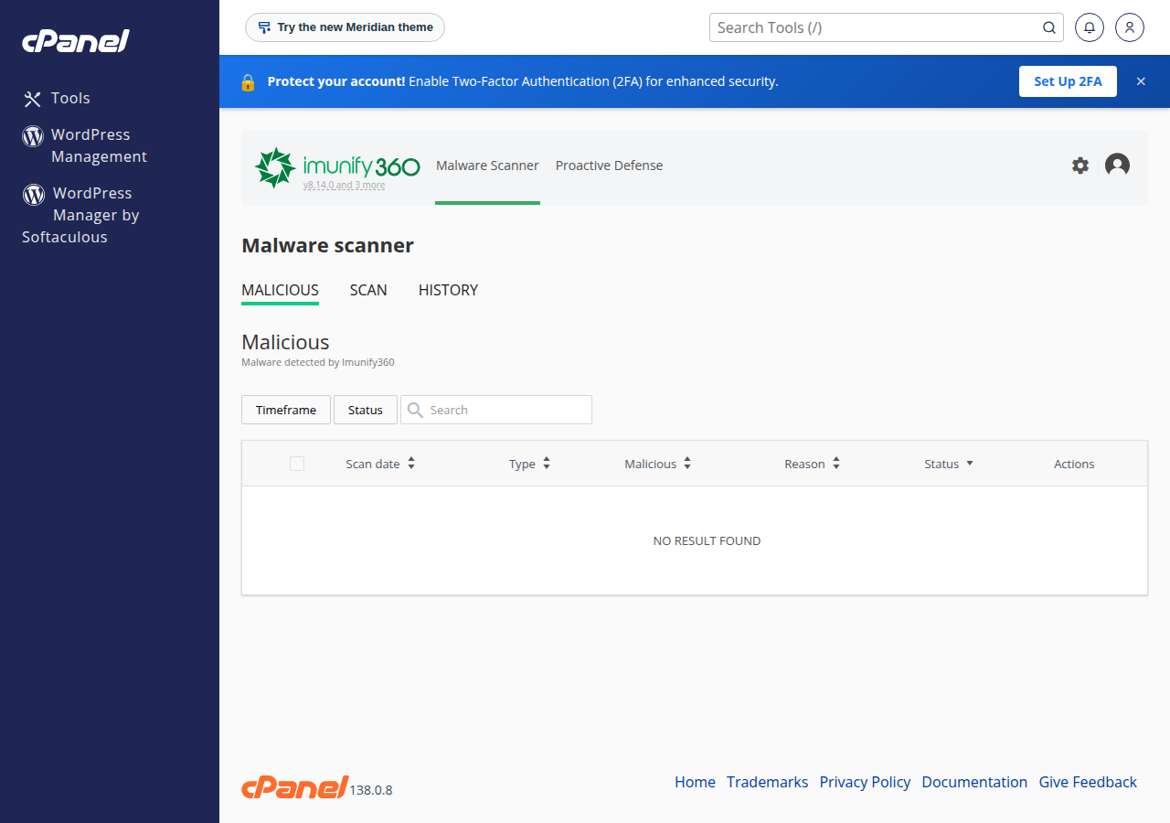 Imunify360 in cPanel, Malware Scanner with Malicious, Scan and History tabs, and an empty malicious files list