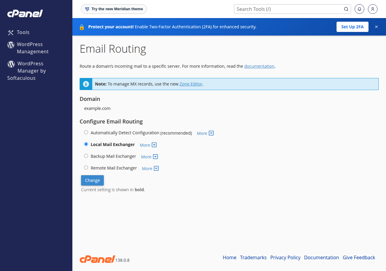 cPanel Email Routing page for example.com with Automatically Detect, Local, Backup and Remote Mail Exchanger options and a Change button