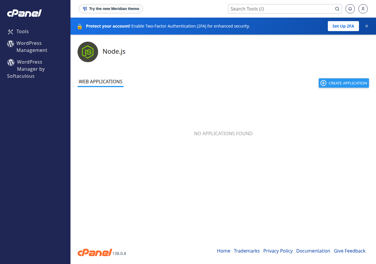 cPanel Node.js application page with the Web Applications tab, a Create Application button and no applications yet