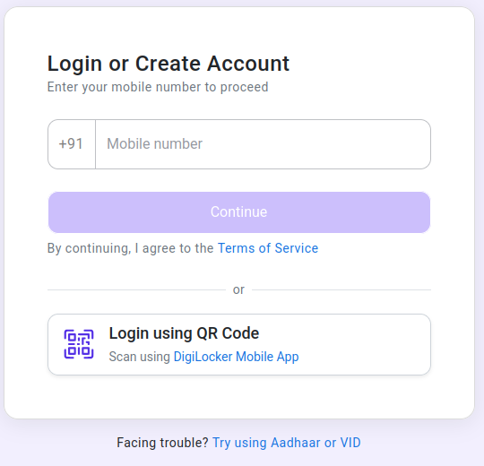 DigiLocker Login or Create Account screen with a +91 mobile number field, a Continue button, a Login using QR Code option and a Facing trouble? Try using Aadhaar or VID link