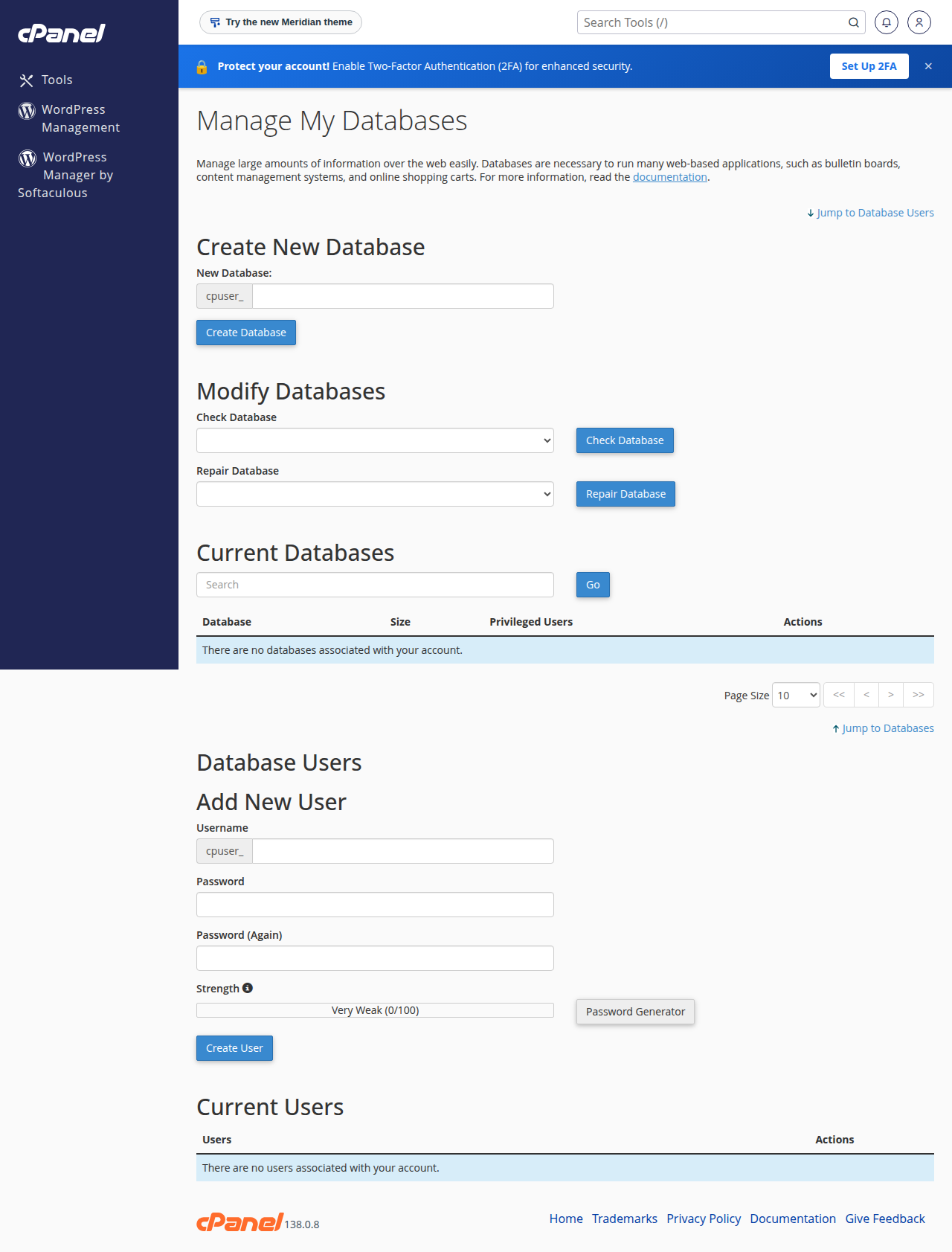cPanel Manage My Databases page: Create New Database with the cpuser_ prefix, Check and Repair Database, and an empty Current Databases list