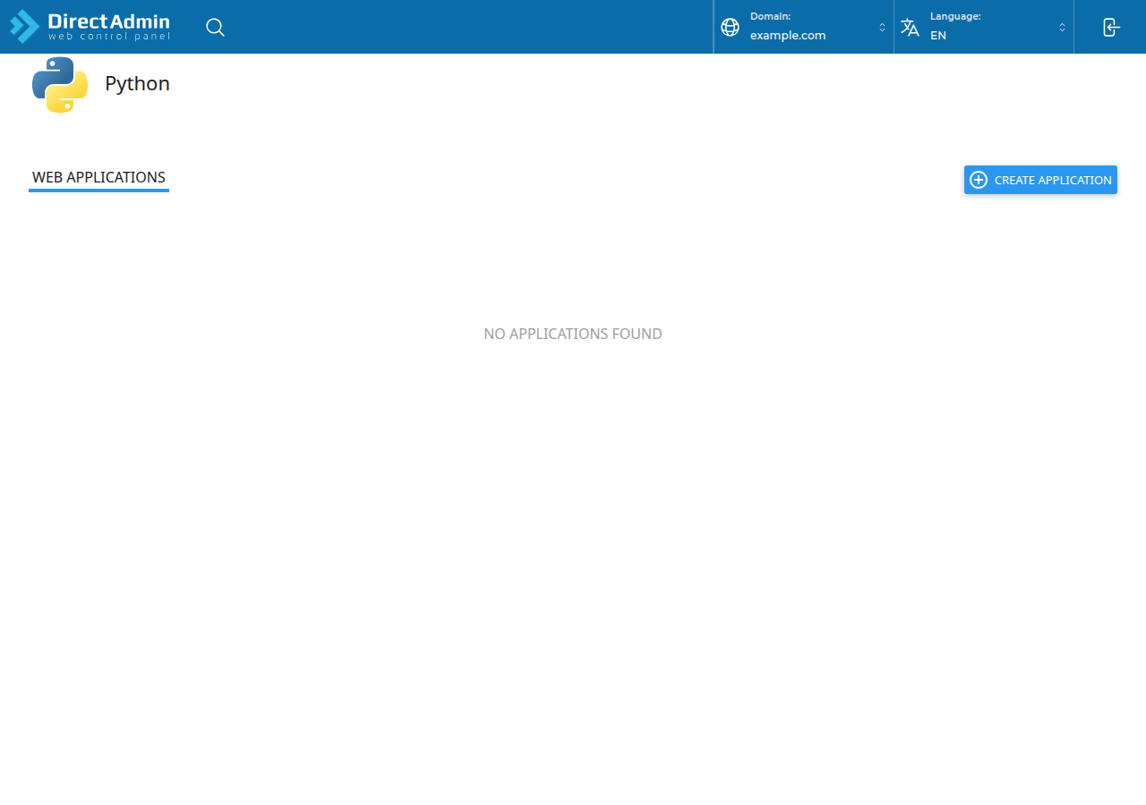 DirectAdmin Python page with the Web Applications tab, a Create Application button and no applications yet