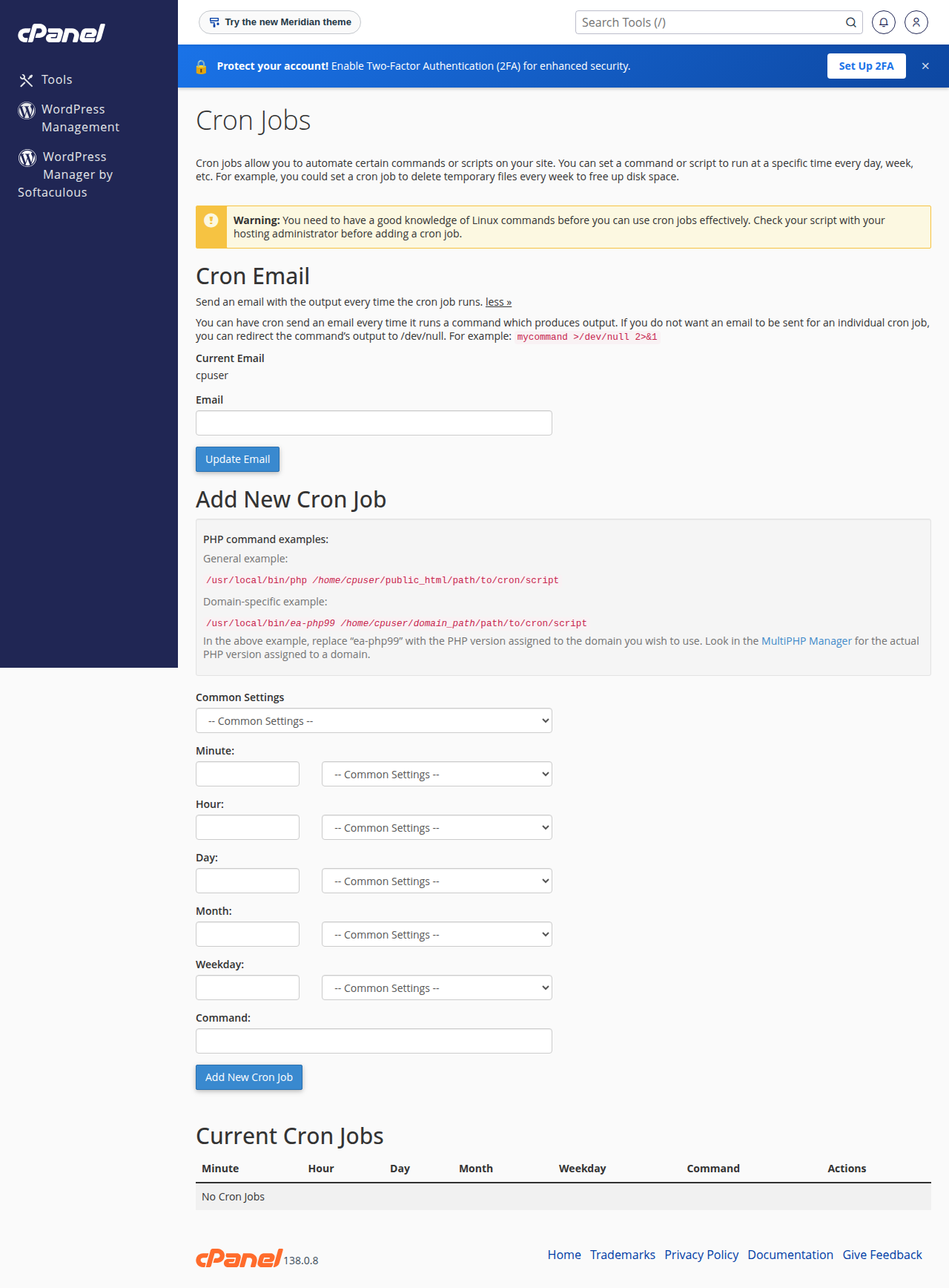 cPanel Cron Jobs page with the Cron Email setting, the Add New Cron Job form with Common Settings and time fields, and Current Cron Jobs