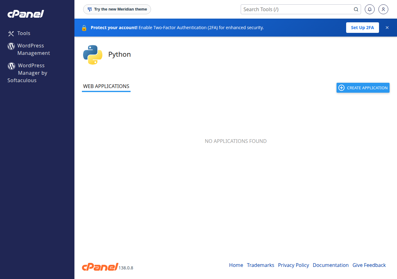 cPanel Python application page with the Web Applications tab, a Create Application button and no applications yet
