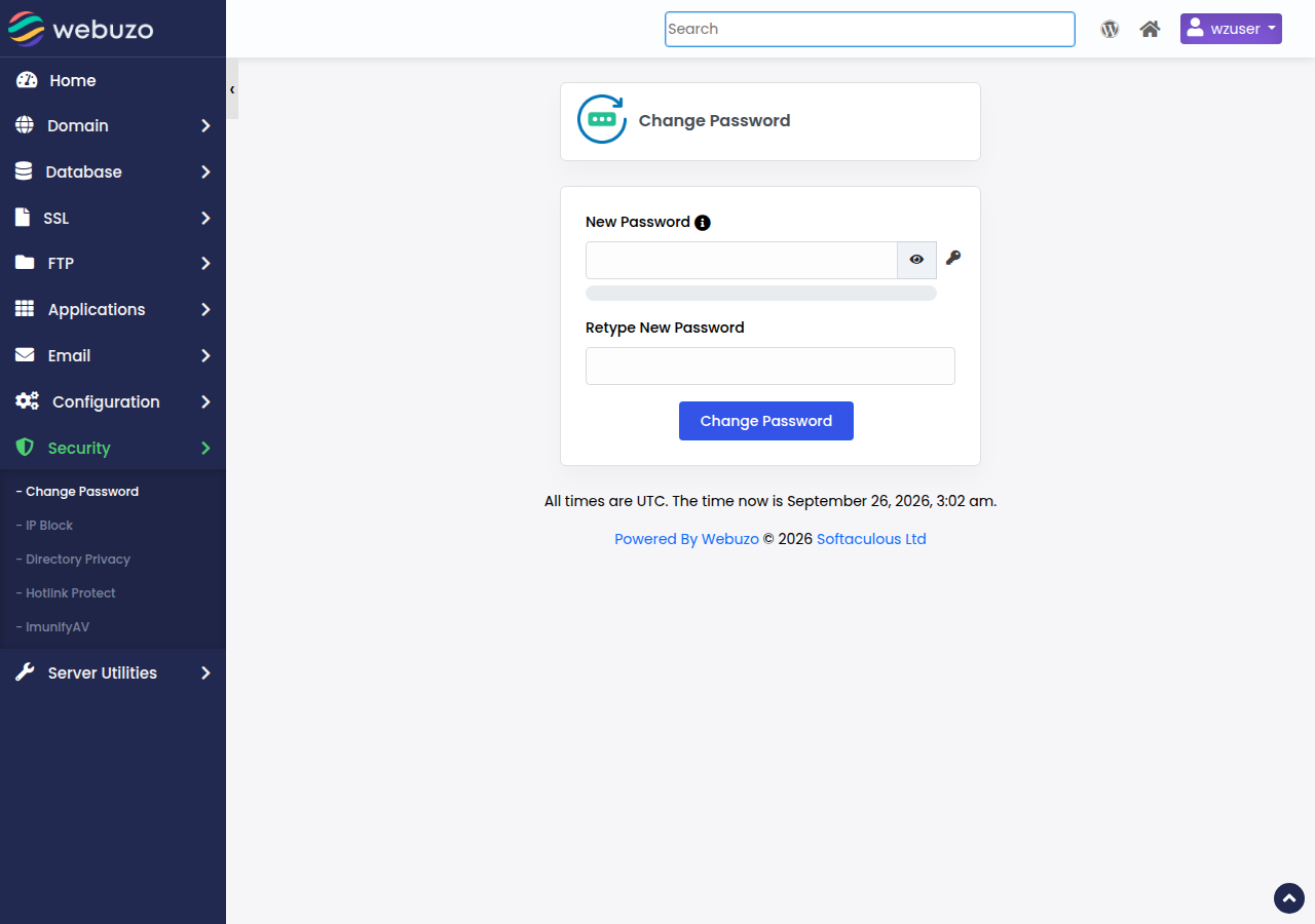 Webuzo Change Password page under Security, with New Password and Retype New Password fields