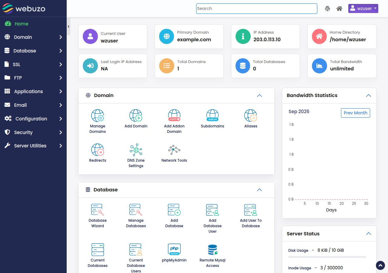 Webuzo Home page with tiles for current user, primary domain, IP address and home directory, and the Domain and Database tool groups