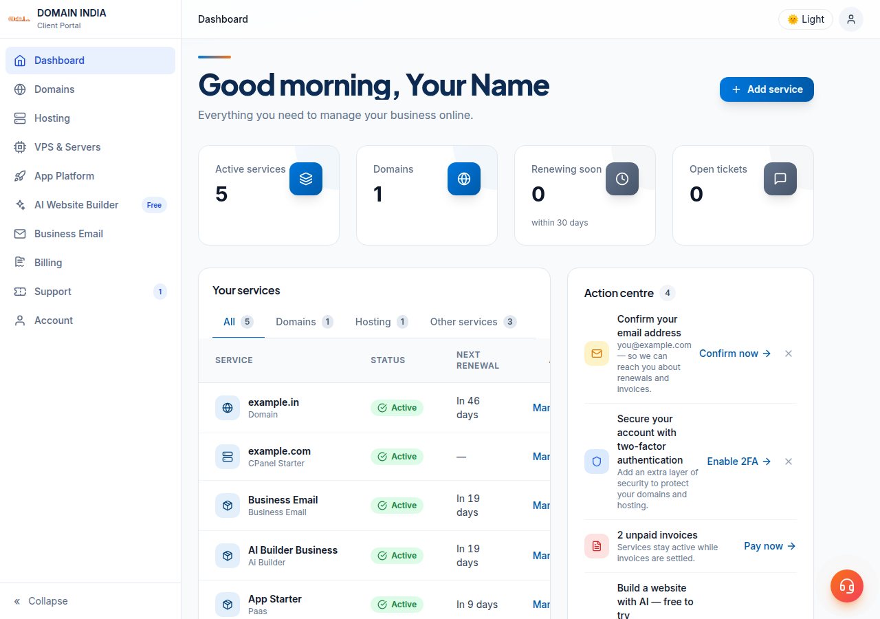 Client area dashboard: greeting, counts of active services, domains, renewals and tickets, a Your services list, and an Action centre with suggested next steps